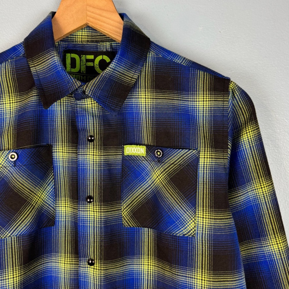 Dixxon Youth XL Blue Green Plaid Long Sleeve Button Up Flannel Pearl Snap Shirt